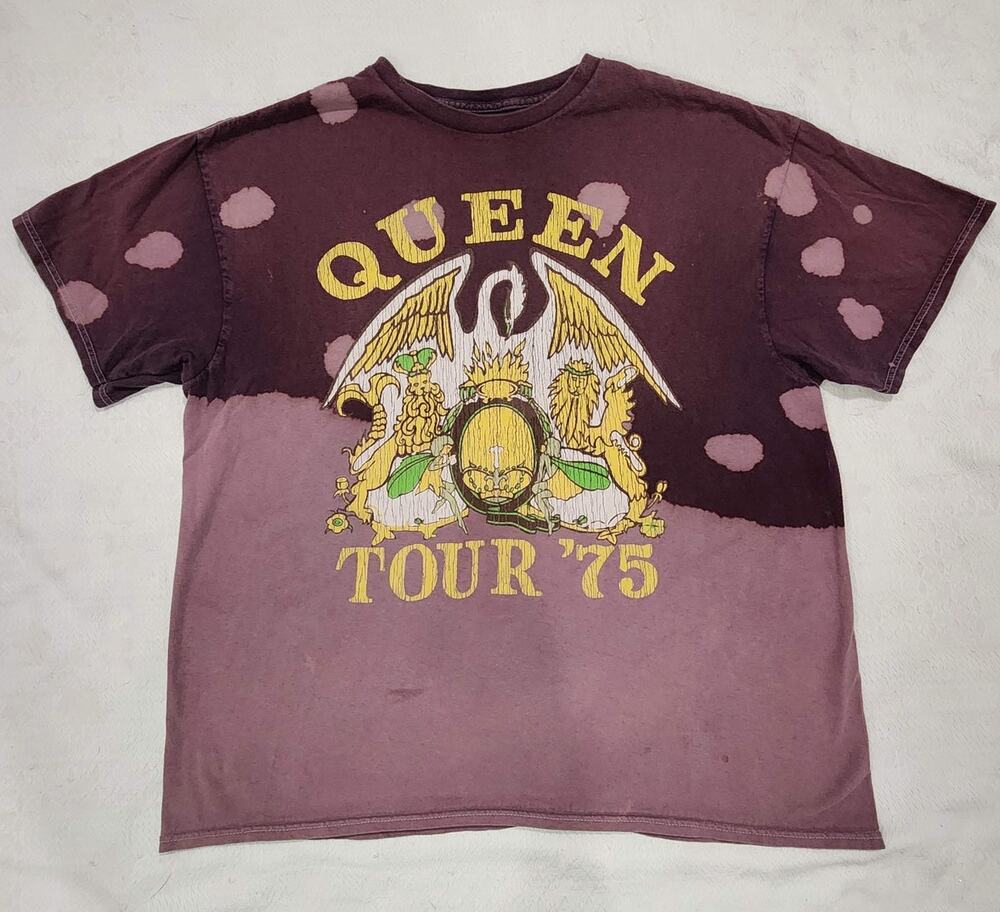 Queen Band T-Shirt XL Tour 75 Official Merch Dip Dye Bleach Wash Burgundy Rock
